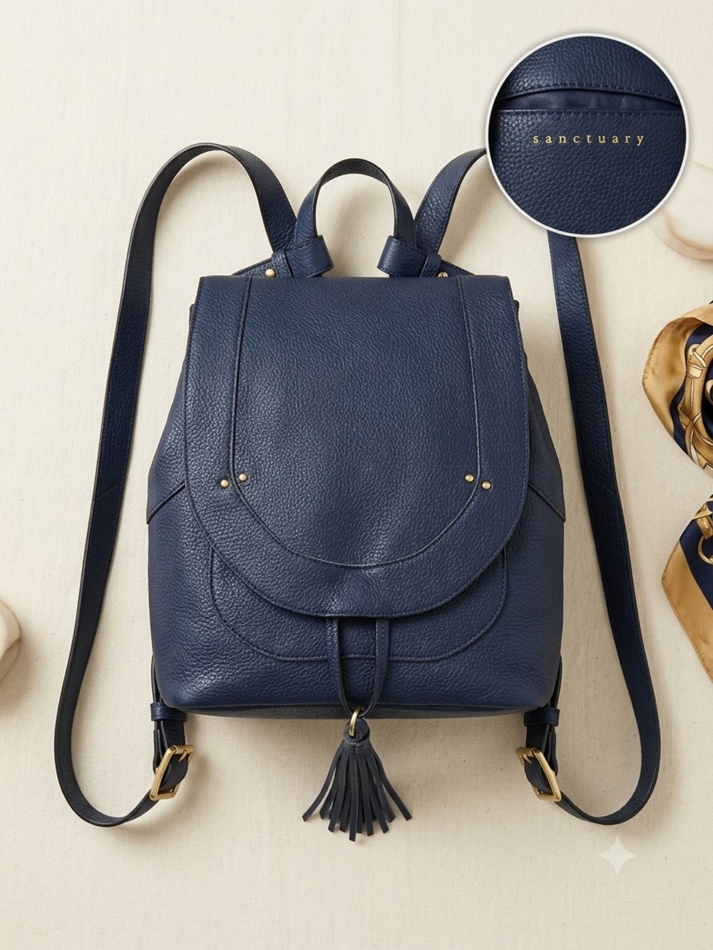 Sanctuary Navy Blue Pebbled Leather Tassel Flap Backpack Bag